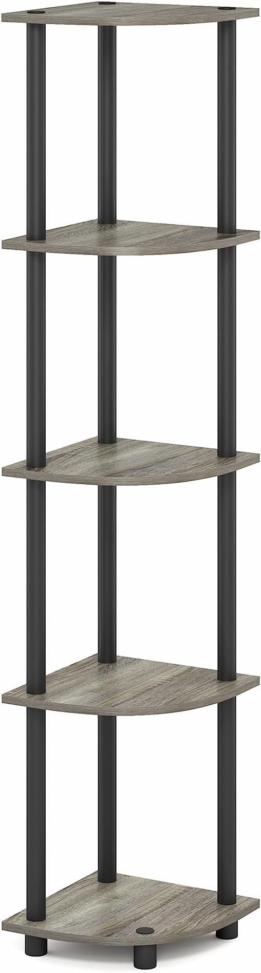Furinno Turn-N-Tube Corner Shelf, 5-Tier Corner Bookshelf, Open Storage Shelves, for Organization and Storage, Living Room, Home Office, Garage, Bedroom, Grey Oak