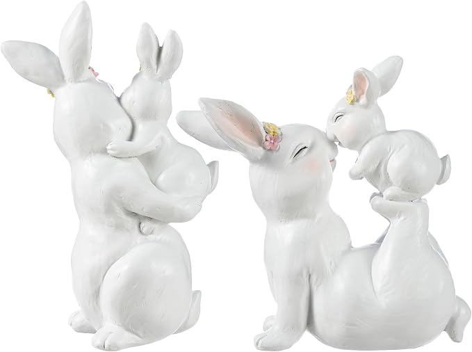 Glitzhome Easter Decorations Bunny Figurine, Set of 2 Resin Mother and Baby Rabbit Tabletop Centerpiece for Spring Home Indoor & Outdoor Decor