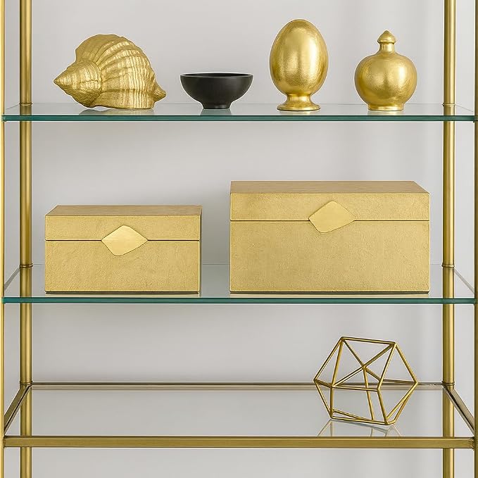 Vintiquewise Set of 2 Decorative Wooden Storage Boxes with Gold Accent – Boxes for Keys, Jewelry, Makeup, Accessories, Crafts, Gadgets, Home Office, Living Room, Bedroom & Entryway Décor, Gold