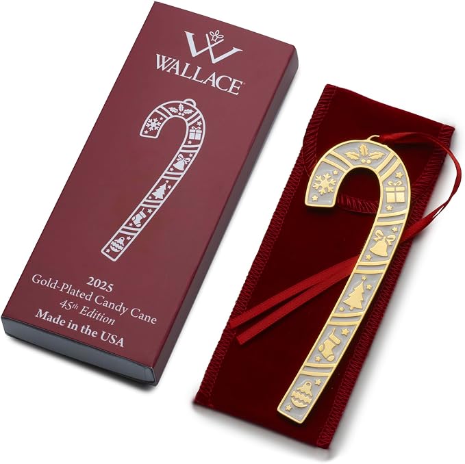 Wallace 2025 Gold-Plated Enamel Candy Cane Ornament - 45th Anniversary Edition - 24k Gold with Blue Enamel and Snowflake Design - 4.5 Inches - Holiday Collectible