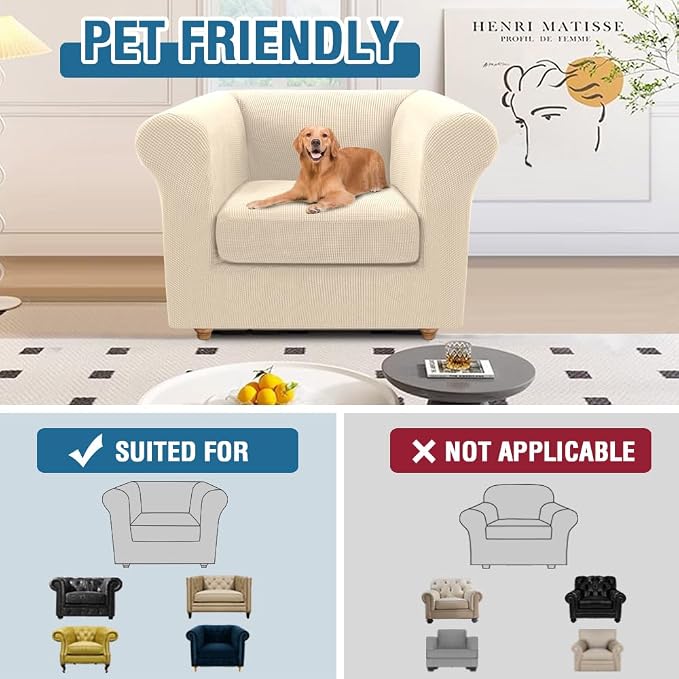 H.VERSAILTEX 2 Pieces Chesterfield Chair Covers Stretch Chair Slip Covers Mid Century Deep Seat Couch Cover Fit Width Up to 47 Inch, Thicker Jacquard Fabric (Small Sofa, Natural)