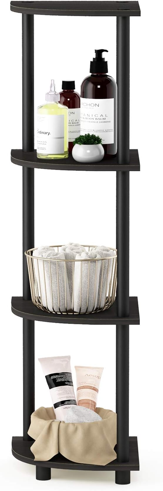 Furinno TURN-N-TUBE Corner Shelf, 4-Tier Corner Bookshelf, Display Storage Shelves with Open Shelves, for Organization and Storage, Living Room, Home Office, Garage, Espresso