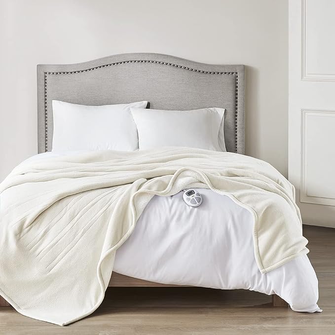 Serta Heated Blanket Full - Reversible Fleece Heating Blanket, Creme White | Dual-Layer Heated Throw Blanket With 5 Heat Settings & Auto Shut Off, Machine Washable, ETL Certified