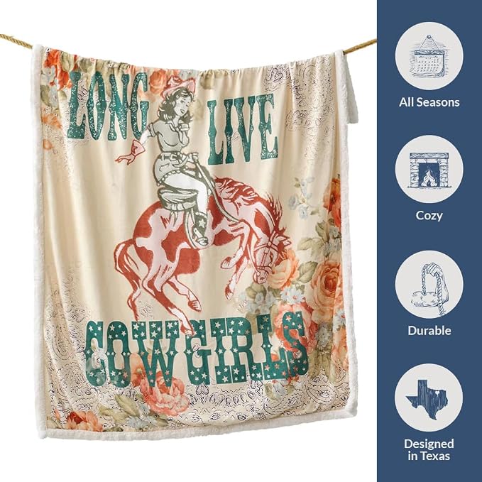 Paseo Road Indigo Hill by HiEnd Accents Rodeo Revival 54x68 Throw Blanket | Long Live Cowgirls Floral Medallion Print, Rustic Southwestern-Style Western Fleece Blanket for Camping