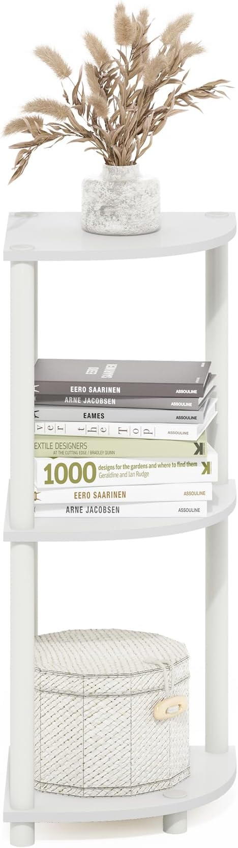 Furinno Turn-N-Tube Corner Shelf, 3-Tier Corner Bookshelf, Display Storage Shelves with Open Shelves, for Organization and Storage, Living Room, Home Office, Garage, White