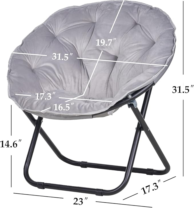 VECELO Saucer Chair for Adults, Folding Moon Chair with Metal Frame, Faux Fur for Bedroom, Living Room, Dorm Room, Apartment, Grey