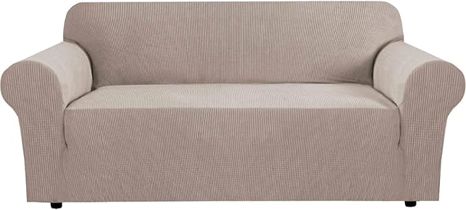 H.VERSAILTEX Stretch Sofa Covers for 3 Cushion Couch Covers Sofa Slipcovers for Living Room Feature Thick Checked Jacquard Fabric with Elastic Bottom, Sofa Large - Sand