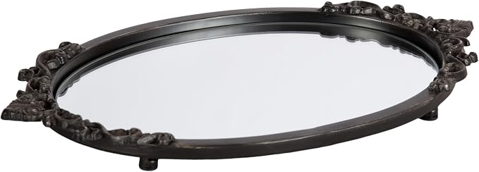Kate and Laurel Arendahl Vintage Oval Mirrored Decorative Tray; 17 x 10; Antique Black; Traditional Ottoman Tray for Living Room Home Decor with Ornate Detailing