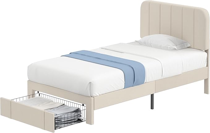 VECELO Twin Size Upholstered Bed Frame with Drawer and Headboard, Velvet Platform Storage Bedframe, Wooden Slats Support, No Box Spring Needed,Bone Beige