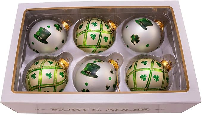 Kurt Adler 80MM Silver and Light Green St. Patrick Glass Ball Ornaments, 6 Piece Box