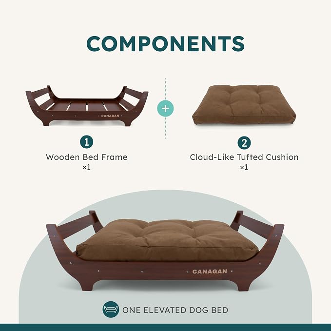 CANAGAN Elevated Wooden Dog Bed with Cushion, Walnut, Medium | Raised Dog Couch Bed with a Washable Cover and Plush PP-Filled Cushion, Designed for Medium Dogs and Stylish Indoor Living