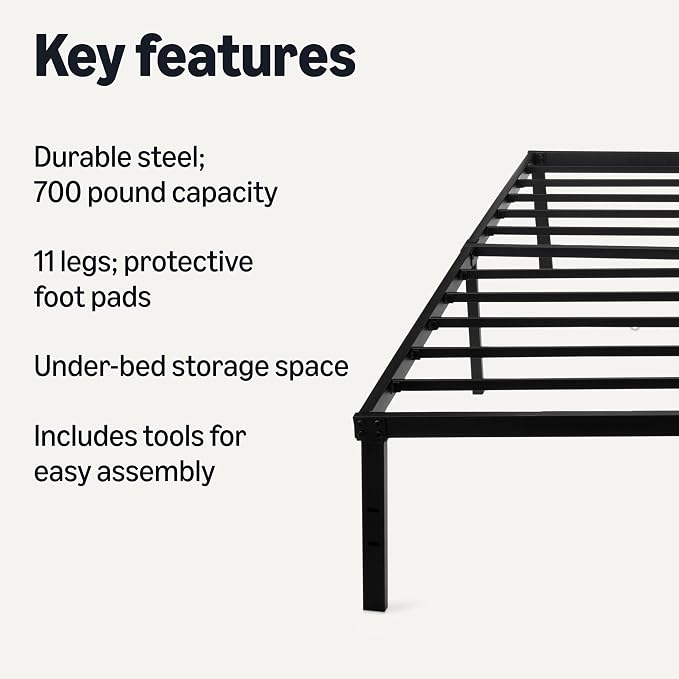 Amazon Basics - Metal Bed Frame, Non-Foldable Platform Bed, Easy Assembly, Full, 54W x 75L in, Black