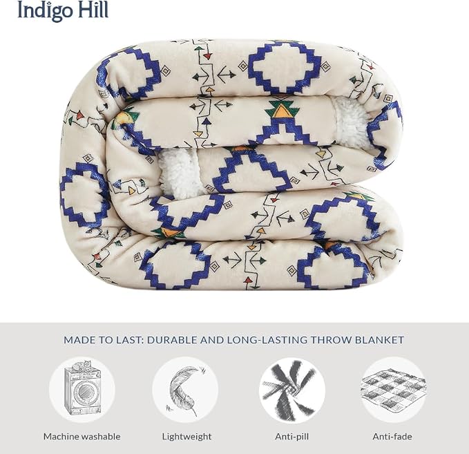 Paseo Road Indigo Hill by HiEnd Accents Arrow Indian 54x68 Throw Blanket | Aztec Tribal Navajo Print, Western Southwestern-Style Sherpa Fleece Blanket for the Couch, Sofa, Bed, or Camping