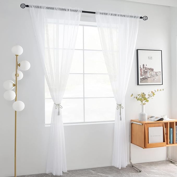youleyar Solid Sheer Rod Pocket Curtain Voile Draperies 2 Panels White Beige Black Grey Coffee 70 Inch Width 63 Inch Long 1 Pair for Kitchen Bedroom Children Living Room Yard(White,70Wｘ63L)
