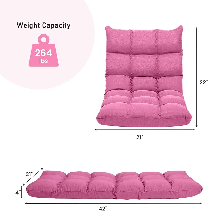 COSTWAY Floor Chair, Folding Gaming Chair with Back Support (Pink) | 14 Adjustable Positions, Alloy Steel Frame, Lazy Sofa Lounge for Playing Reading Meditating Room Recliner for Adults, Kids