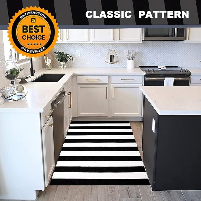 KaHouen Black and White Striped Rug 35.4 x 59 Inches, Indoor Front Porch Stripe Rug, Woven Washable Hand-Woven Stripe Outdoor Rugs for Layered Door Mats, Front Porch,Farmhouse,Kitchen...