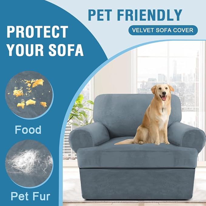 H.VERSAILTEX Sofa Cover 2 Piece T Cushion Armchair Slipcovers Thick Velvet Couch Cover Furniture Protector Stretch T Cushion Sofa Covers for 1 Cushion Couch with 1 T Cushion Covers, Stone Blue