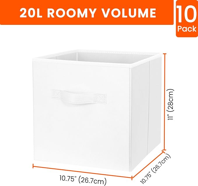 Criusia Storage Cubes, 11 Inch Cube Storage Bins for Shelves Closet Nursery Bedroom - 10 Pack Collapsible Baskets with Handles - Fabric Bins for Organizing Magazines Clothes Blanket Toys (White)