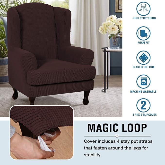 H.VERSAILTEX 2 Piece Stretch Jacquard Wingback Chair Covers Slipcovers Wing Chair Covers (Base Cover Plus Seat Cushion Cover) Furniture Covers for Wingback Chairs, Form Fitted Thick Soft, Chocolate