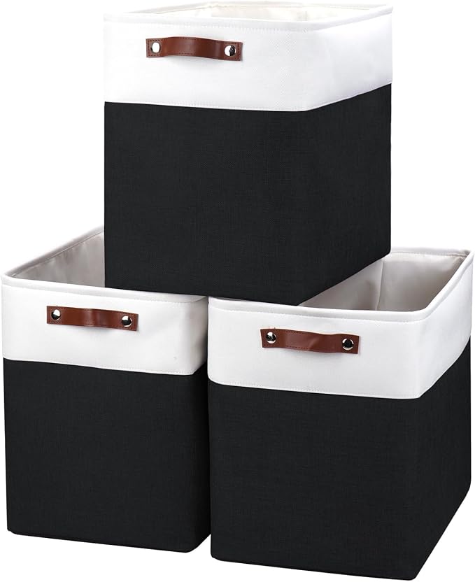 Bagnizer Large Fabric Storage Baskets | 50L Storage Bins, Decorative Linen Closet Baskets with Handles for Organizing, Shelf, Toys, Clothes, Home, Office, Nursery, 17x12x15Inches (Black&White)