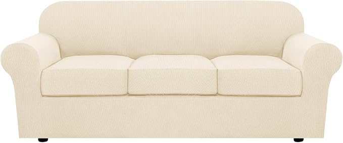 H.VERSAILTEX 4 Piece Stretch Sofa Covers for 3 Cushion Couch for Living Room Furniture Slipcovers (Base Cover Plus 3 Seat Cushion Covers) Thicker Jacquard Fabric (Large Sofa, Cream)