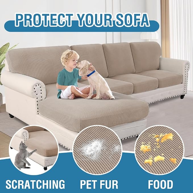 H.VERSAILTEX Sectional Couch Covers 8 Pieces Stretch Sofa Covers for Sectional Sofa Set Separate L Shaped Couch Cover for Both Left/Right Couch (Seat and Back: 1 Chaise + 3 Sofa, Sand)