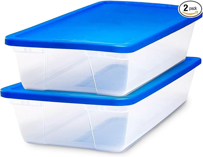 HOMZ Snaplock Clear Plastic Bin 41 Quart/10 Gallon | Storage Tote with Secure Lid | for Home, Office, Garage, Dorm Room Organizer | Stackable & Nestable | Blue Lid, Pack of 2