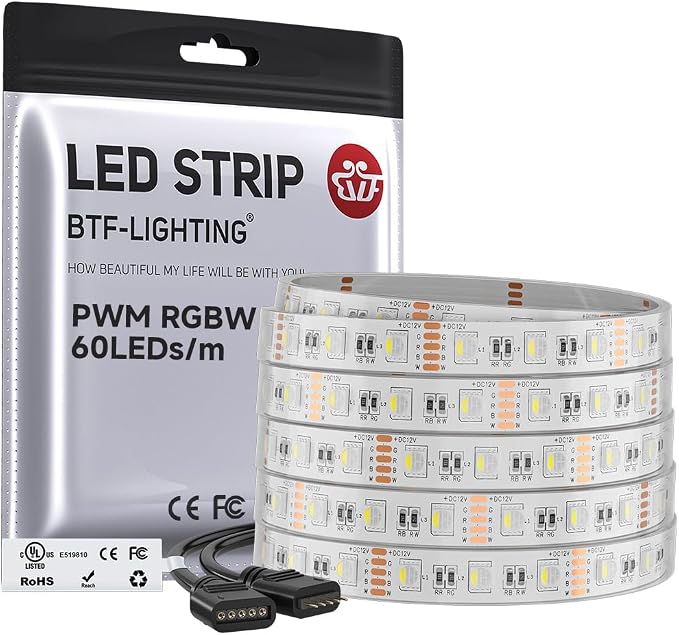 BTF-LIGHTING RGBW LED Strip Lights,UL Listed,5050 4 Colors in 1 RGB + 6000K-7000K Cool White,12V DC,16.4ft/5m 60LEDs/m 12mm White PCB, IP67 Waterproof for Home Decoration(No Adapter or Controller)