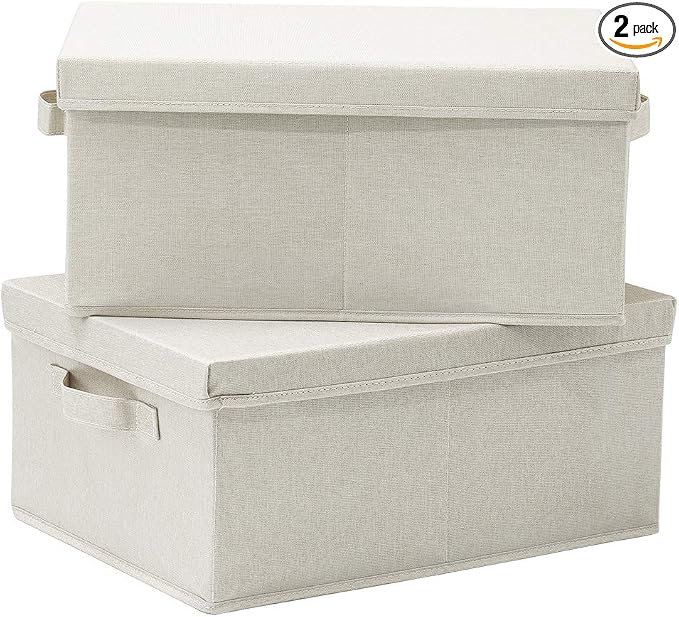 HOONEX Foldable Storage Bins with Lids, 2 Pack, Storage Boxes with Carrying Handles and Sturdy Heavy Cardboard, 16.5" L x 11.8" W x 7.5" H for Shoes, Books, Clothes, Beige