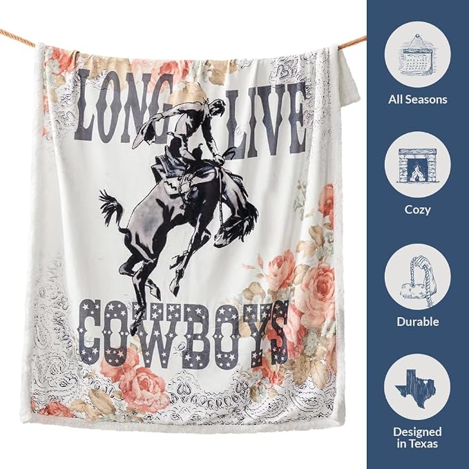 Indigo Hill by HiEnd Accents Rodeo Revival Sherpa Throw Blankets, Long Live Cowboys Floral Medallion Print Western Blanket for Camping, Rustic Southwest Southwestern Fleece Blanket, 54x68 inch