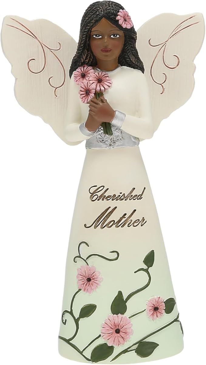 Pavilion Gift Company - Cherished Mother - 5" Ebony African American Angel Figurine Floral Spring Home Decor Mommy Mama Mom Present from Daughter Son Kids