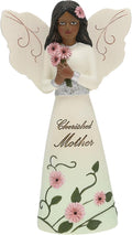 Pavilion Gift Company - Cherished Mother - 5" Ebony African American Angel Figurine Floral Spring Home Decor Mommy Mama Mom Present from Daughter Son Kids