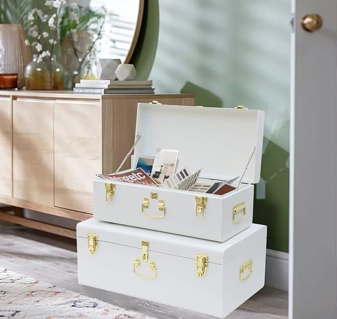 Vixdonos Decorative Metal Box Storage Trunks Set of 2 College Dorm Chest with Lock Hole,23.7X14.2X9.5 Inches(White)