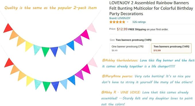 LOVENJOY 5 Assembled Felt Rainbow Banner Garlands, Colorful Pennant Buntings for Classroom or Birthday Party Decoration
