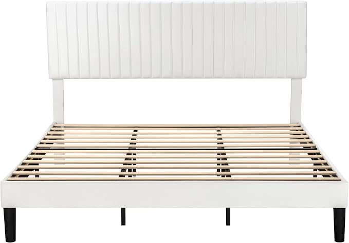 Allewie King Bed Frame, Velvet Upholstered Platform Bed with Adjustable Vertical Channel Tufted Headboard, Mattress Foundation with Strong Wooden Slats, Box Spring Optional, Easy Assembly, Off-White