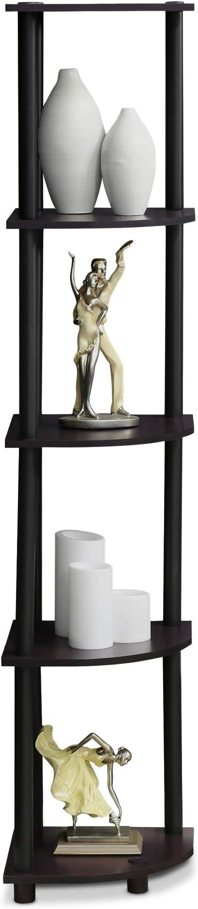 Furinno TURN-N-TUBE Corner Shelf, 5-Tier Corner Bookshelf, Open Storage Shelves, for Organization and Storage, Living Room, Home Office, Garage, Bedroom, Dark Walnut