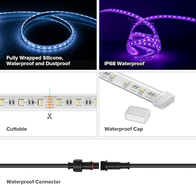 BTF-LIGHTING IP68 Waterproof Outdoor RGBW LED Strip 5050SMD RGB+Cool White(6000K-7000K) 4 Color in 1 DC24V 5m 16.4ft 60LED/m Multi-Colored Light White PCB Can Work Outdoor(No Adapter or Controller)