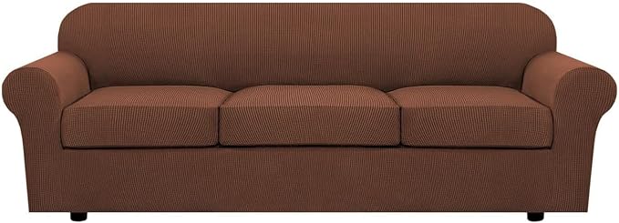 H.VERSAILTEX 4 Piece Stretch Sofa Covers for 3 Cushion Couch Covers for Living Room Furniture Slipcovers (Base Cover Plus 3 Seat Cushion Covers) Thicker Jacquard Fabric (Large Sofa, Caramel)