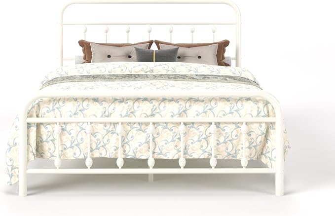 SHA CERLIN Full Metal Bed Frame with Victorian Iron-Art Headboard, Cream | Victorian Iron-Art Headboard and Footboard, Easy Assembly, Under Bed Storage, No Box Spring Required