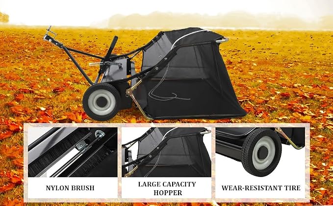 Tow Behind Lawn Sweeper 48 Inch, 26 Cu.ft Leaf & Grass Collector, Heavy Duty Yard Sweeper for Lawn Tractors, Adjustable Height Pull Behind Lawn Sweeper for Leaves, Grass Clippings & Debris