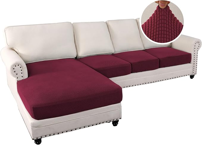 H.VERSAILTEX Sectional Couch Covers 4 Pieces Sofa Seat Cushion Covers L Shape Separate Cushion Couch Chaise Cover for Both Left/Right Sectional Couch (Seat Only: 1 Chaise + 3 Sofa, Burgundy)