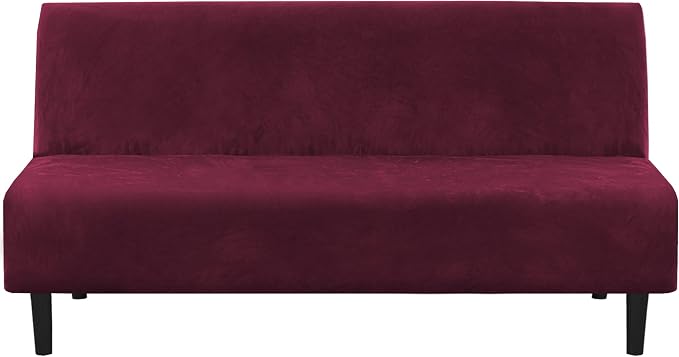 H.VERSAILTEX Real Velvet Futon Cover Armless Sofa Covers Sofa Bed Covers Stretch Futon Couch Cover Sofa Slipcover Furniture Protector Thick Soft Velvet Fabric Form Fitted Stay in Place, Wine/Burgundy