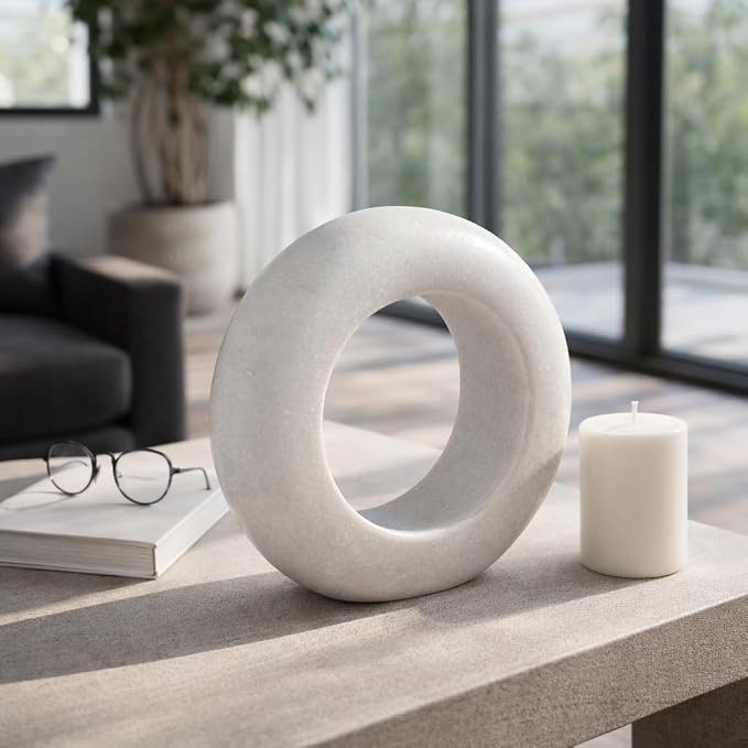 Ring Stone Marble Wood Sculpture – Room Decor Accent Sculpture, Tabletop Interior Decorative Object for Living Room or Office – Modern Circular Design, Outdoor Home Decor – 10", White