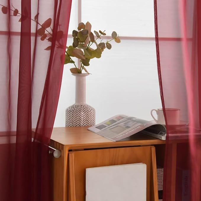 SpaceDresser Burgundy Sheer Curtains 4 Panels Rod Pocket Semi-Sheer Curtain 72 Inches Long Light Filtering Voile Window Drapes for Bedroom Living Room Kitchen, Each 52W x 72L