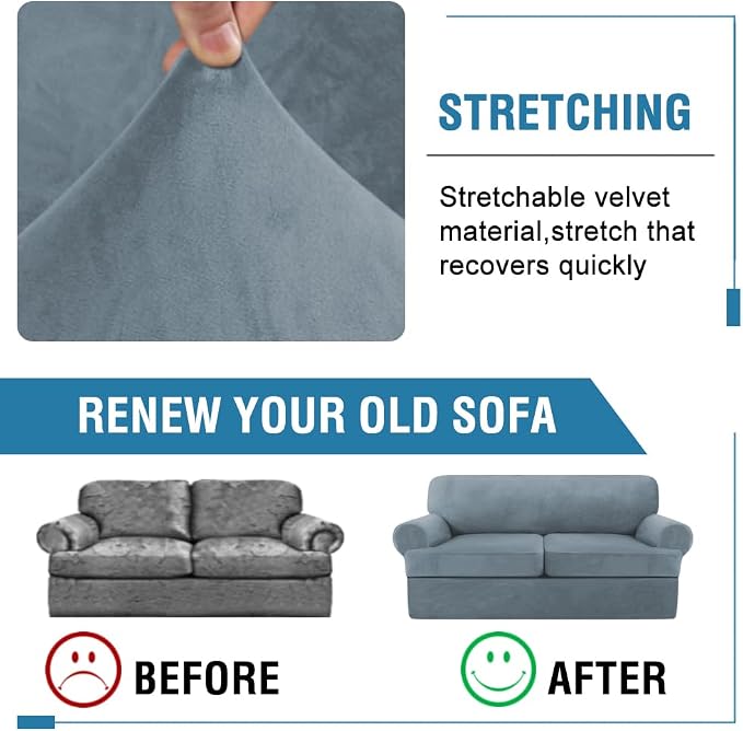 H.VERSAILTEX Sofa Cover 3 Piece T Cushion Loveseat Slipcovers Thick Velvet Couch Cover Stretch T Cushion Sofa Covers for 2 Cushion Couch with 2 Individual T Cushion Covers Washable, Stone Blue