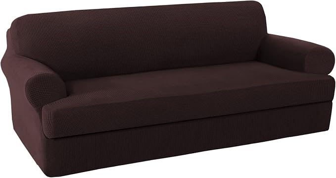 H.VERSAILTEX 2 Piece Couch Covers Stretch Sofa Cover/Slipcover Furniture Protector Couch Suit for T Cushion/Box Cushion Spandex Jacquard Fabric Small Checks(Sofa 72"-88", Brown)