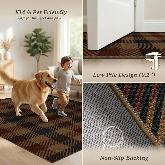 2x3 Entryway Door Mat Indoor – Washable Non Slip Small Rug for Front Door, Kitchen Sink, Mudroom, Garage Entry, Low Profile Easy Clean Farmhouse Plaid Floor Mat