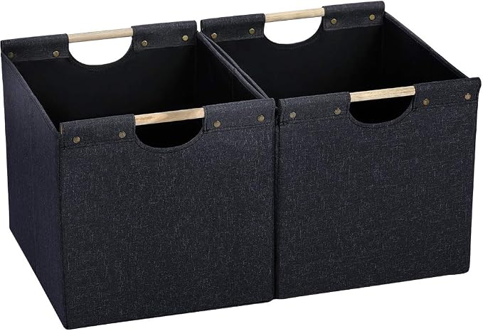 HOONEX Large Collapsible Storage Bins, Linen Fabric, 2 Pack, Storage Baskets with Wooden Carry Handles and Sturdy Heavy Cardboard, for Home, Office, Car, Nursery, Dark Grey