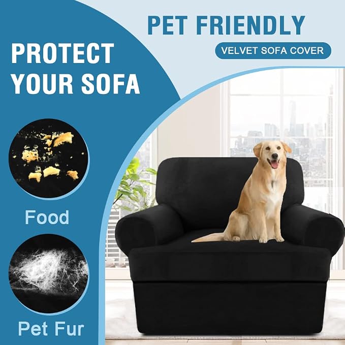 H.VERSAILTEX Sofa Cover 2 Piece T Cushion Armchair Slipcovers Thick Velvet Couch Cover Furniture Protector Stretch T Cushion Sofa Covers for 1 Cushion Couch with 1 Individual T Cushion Covers, Black