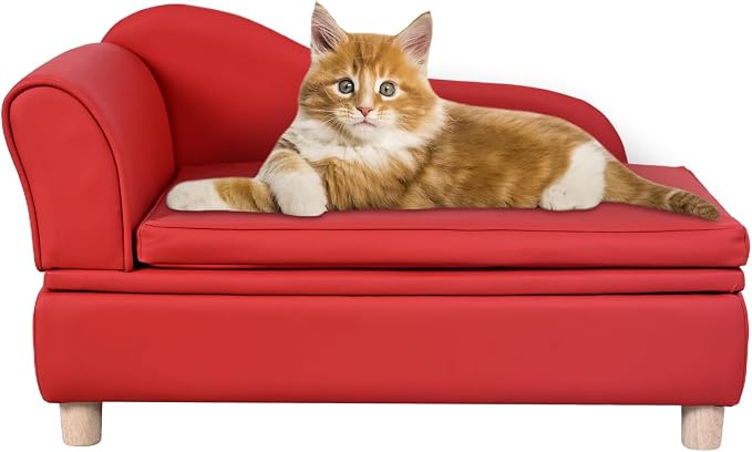 PU Leather Dog Sofa and Chair with Storage - Wooden Frame Cat Sofa Couch with Cushion,Small Pet Bed Sofa for Puppy and Cats (Red)